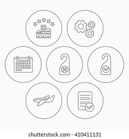 Hotel, airplane and clean room icons. Do not disturb linear sign. Check file, calendar and cogwheel icons. Vector