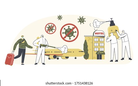 Hotel And Airplane Disinfection. Characters In Hazmat Suits Clean And Disinfecting Coronavirus Cells Spraying Disinfectant On Plane During Worldwide Covid19 Pandemic. Linear People Vector Illustration