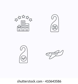 Hotel, airplane and do not disturb icons. Clean room linear sign. Flat linear icons on white background. Vector