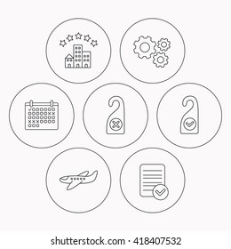 Hotel, airplane and do not disturb icons. Clean room linear sign. Check file, calendar and cogwheel icons. Vector