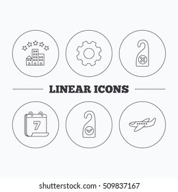 Hotel, airplane and do not disturb icons. Clean room linear sign. Flat cogwheel and calendar symbols. Linear icons in circle buttons. Vector