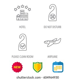 Hotel, airplane and do not disturb icons. Clean room linear sign. Shield protection, calendar and new tag web icons. Vector