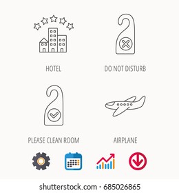 Hotel, airplane and do not disturb icons. Clean room linear sign. Calendar, Graph chart and Cogwheel signs. Download colored web icon. Vector