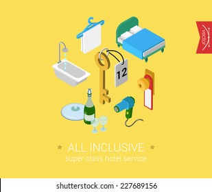 Hotel all inclusive porter service flat 3d isometric pixel art icon set design concept vector. Room objects and icons: key, hair dryer, hanger, doorknob. Web banners illustration website infographics.