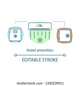 Hotel Amenities Concept Icon. Fridge, Air Conditioning, Safe. Room Service. Hotel Features  Idea Thin Line Illustration. Vector Isolated Outline Drawing. Editable Stroke