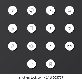 Hotel amenities icon set. Flat line icon design vector. Icons isolate on black background.