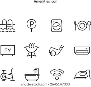 Hotel amenities icon set, including pool, parking sign, washing machine, restaurant, TV, party, golf, AC, exercise tool, bathtub, Wi-Fi, and iron icons.