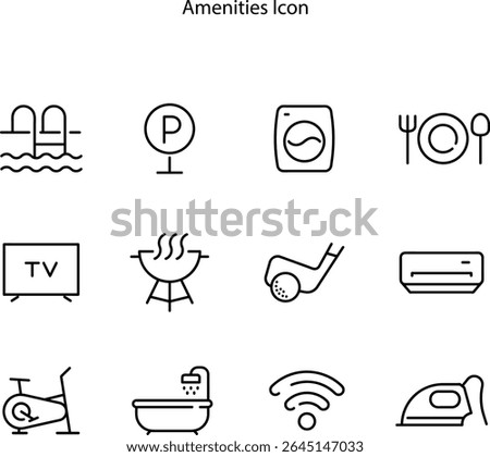 Hotel amenities icon set, including pool, parking sign, washing machine, restaurant, TV, party, golf, AC, exercise tool, bathtub, Wi-Fi, and iron icons.