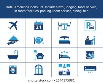 Hotel Amenities Icons Set. Include travel, lodging, food, service, in-room facilities,
parking, room service, dining, bed, reception. hotel icons set, solid, flat icons vector