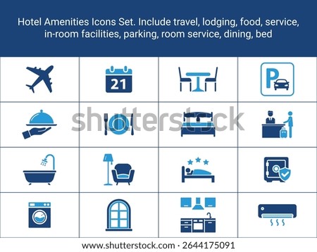 Hotel Amenities Icons Set. Include travel, lodging, food, service, in-room facilities,
parking, room service, dining, bed, reception. hotel icons set, solid, flat icons vector