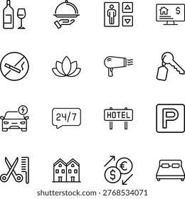 hotel amenities icons set vector, wine, food tray, elevator, computer, no smoking, flower, hairdryer, keys, car