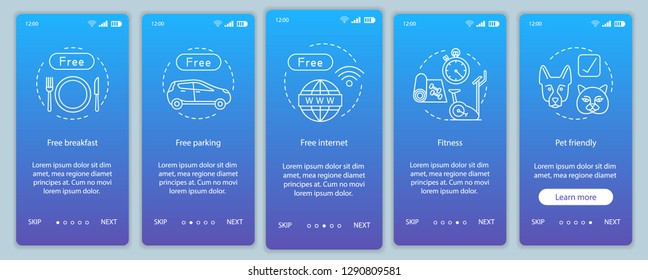 Hotel amenities onboarding mobile app screen vector template. Room facilities and services walkthrough website steps. Free breakfast, parking, internet. All inclusive. UX, UI, GUI smartphone interface