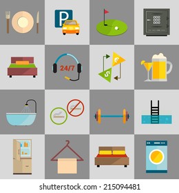 Hotel amenities and room service icons of golf spa massage and bell isolated vector illustration.