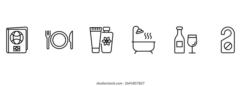 Hotel amenities and services icon set with passport dining toiletries bath beverage wine privacy sign in outline vector illustration.