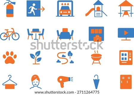 Hotel amenities and services icon set with essential facilities and leisure options for guests in blue and orange