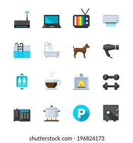 Hotel and Hotel Amenities Services Icons : Flat Icon Set for Web and Mobile Application