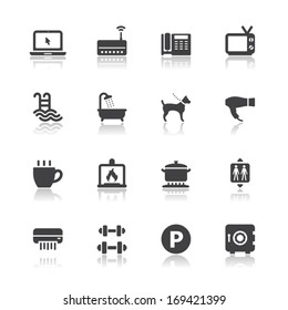 Hotel and Hotel Amenities Services Icons with White Background