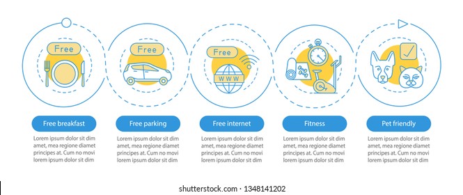 Hotel amenities vector infographic template. Room facilities and services. Business presentation design elements. Data visualization with steps and options. Process timeline chart. Workflow layout