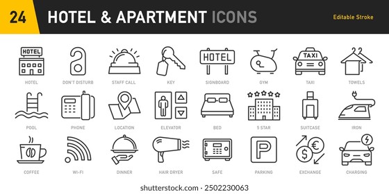 Hotel and apartament web icons in line style. Rental, reservation, hotel booking, room, parking, travel, service, airport, collection. Vector illustration.	