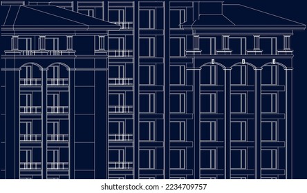 Hotel Apartment building façade 2D line illustration vector eps10 blueprint