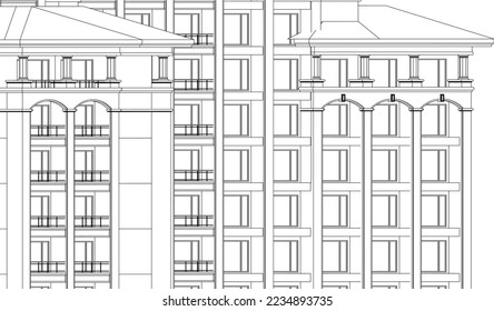 Hotel Apartment building façade 2D line illustration vector eps10