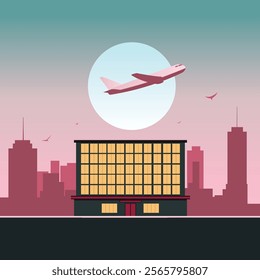 Hotel Apartment Building Landscape with Cityscape and Plane Flight in Twilight Sky