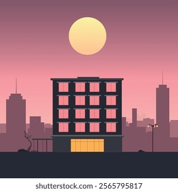 Hotel Apartment Building Landscape with Cityscape and Sun in Twilight