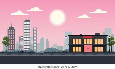Hotel Apartment Building Landscape with Cityscape and Sun in the Morning