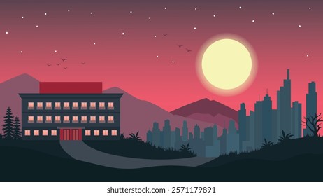 Hotel Apartment Building Landscape with Cityscape and Full Moon in the Evening