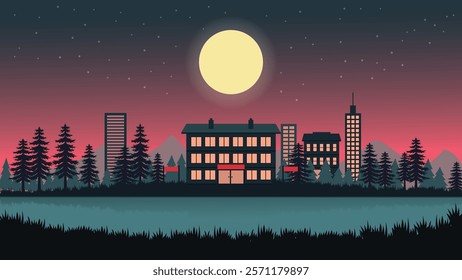 Hotel Apartment Building Landscape with Cityscape and Full Moon in the Evening