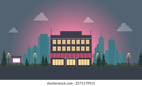 Hotel Apartment Building Landscape with Cityscape in the Evening