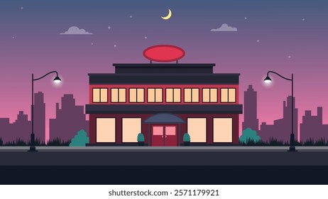 Hotel Apartment Building Landscape with Cityscape and Crescent Moon in the Evening