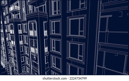 Hotel apartment building façade perspective 3D Line illustration drawing vector eps10 blueprint