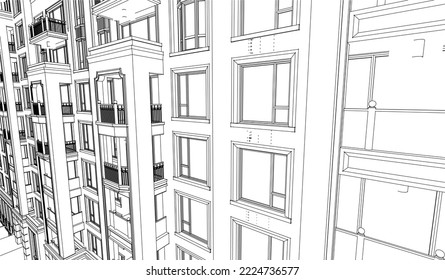 Hotel apartment building façade perspective 3D Line illustration drawing vector eps10