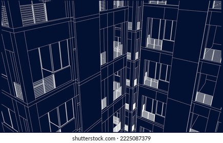 hotel apartment building façade perspective 3d illustration vector eps10 blueprint