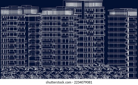 Hotel Apartment buildings façade 2D sketch line illustration vector blueprint