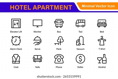 Hotel apartment icons set. Rental property icons. Set of hotel booking, five-star hotel, service line vector web icon.Hotel universal set with Building, Parking,  Meal, Air conditioner.