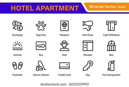 Hotel apartment icons set. Rental property icons. Set of hotel booking, five-star hotel, service line vector web icon.Hotel universal set with Building, Parking,  Meal, Air conditioner.
