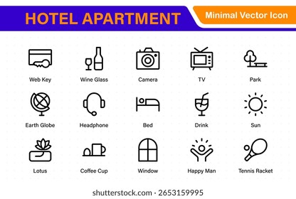 Hotel apartment icons set. Rental property icons. Set of hotel booking, five-star hotel, service line vector web icon.Hotel universal set with Building, Parking,  Meal, Air conditioner.