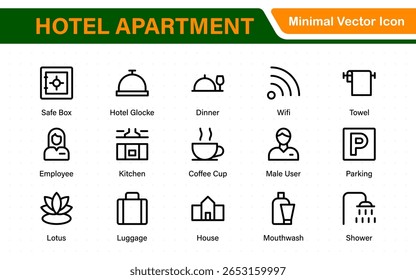 Hotel apartment icons set. Rental property icons. Set of hotel booking, five-star hotel, service line vector web icon.Hotel universal set with Building, Parking,  Meal, Air conditioner.