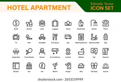 Hotel apartment icons set. Rental property icons. Set of hotel booking, five-star hotel, service line vector web icon.Hotel universal set with Building, Parking,  Meal, Air conditioner.