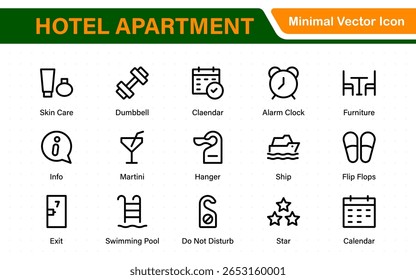 Hotel apartment icons set. Rental property icons. Set of hotel booking, five-star hotel, service line vector web icon.Hotel universal set with Building, Parking,  Meal, Air conditioner.