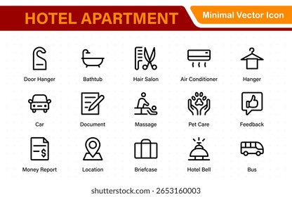 Hotel apartment icons set. Rental property icons. Set of hotel booking, five-star hotel, service line vector web icon.Hotel universal set with Building, Parking,  Meal, Air conditioner.