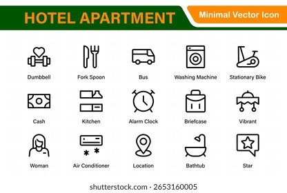 Hotel apartment icons set. Rental property icons. Set of hotel booking, five-star hotel, service line vector web icon.Hotel universal set with Building, Parking,  Meal, Air conditioner.