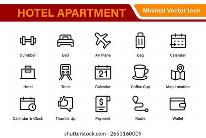 Hotel apartment icons set. Rental property icons. Set of hotel booking, five-star hotel, service line vector web icon.Hotel universal set with Building, Parking,  Meal, Air conditioner.