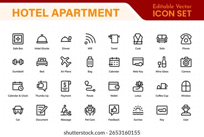 Hotel apartment icons set. Rental property icons. Set of hotel booking, five-star hotel, service line vector web icon.Hotel universal set with Building, Parking,  Meal, Air conditioner.