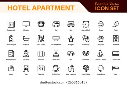 Hotel apartment icons set. Rental property icons. Set of hotel booking, five-star hotel, service line vector web icon.Hotel universal set with Building, Parking,  Meal, Air conditioner.