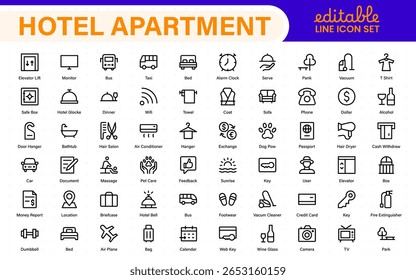 Hotel apartment icons set. Rental property icons. Set of hotel booking, five-star hotel, service line vector web icon.Hotel universal set with Building, Parking,  Meal, Air conditioner.