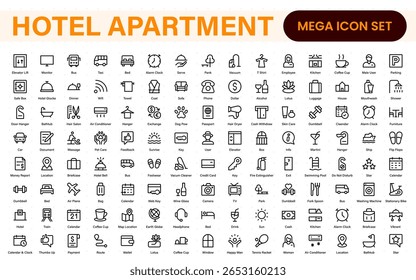 Hotel apartment icons set. Rental property icons. Set of hotel booking, five-star hotel, service line vector web icon.Hotel universal set with Building, Parking,  Meal, Air conditioner.