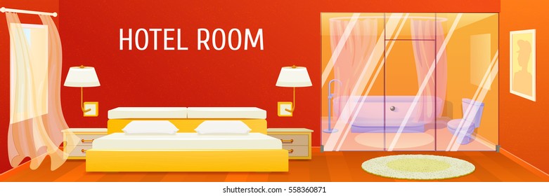 Hotel apartment interior template with spacious comfortable bedroom and stylish bathroom vector illustration 